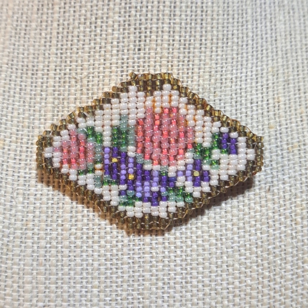 Hand Crafted Pink Purple Floral Rose Flower Brooch Pin Vintage Seedbead Picture